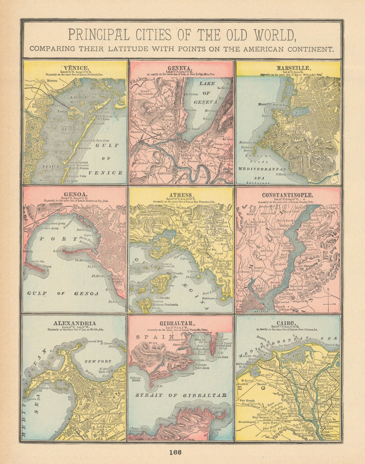 Venice Geneva Marseille Genoa Athens Alexandria Gibraltar Cairo 1894 old map